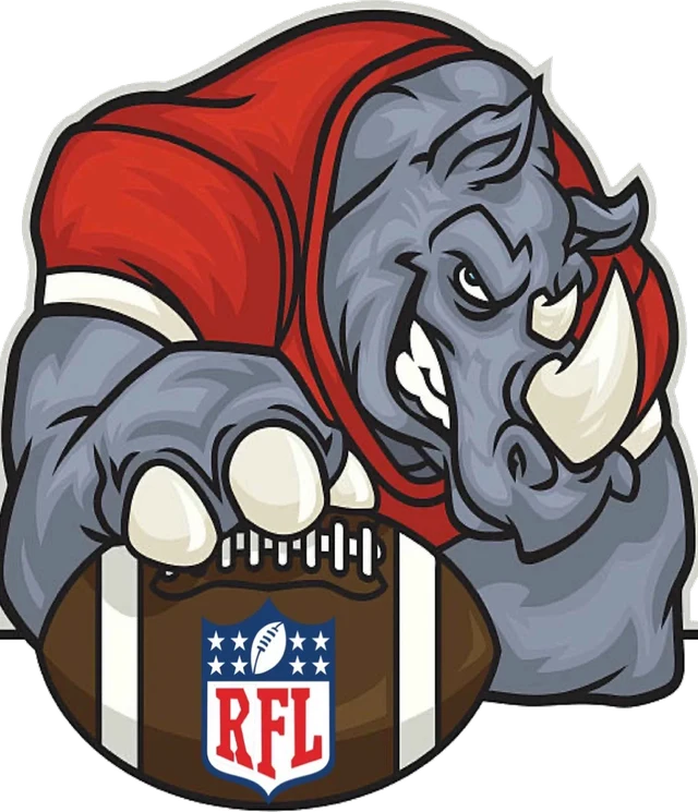 Rhino Football League logo: a rhino in a red jersey gripping a football